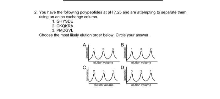 2. You have the following polypeptides at pH 7.25 and are attempting to separate them
using an anion exchange column.
1. GHYSDE
2. СКОKRA
3. PMDGVL
Choose the most likely elution order below. Circle your answer.
A
elution volume
elution volume
elution volume
elution volume
Tprotein
Iprotein)
