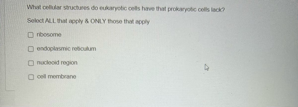 What cellular structures do eukaryotic cells have that prokaryotic cells lack?
Select ALL that apply & ONLY those that apply
ribosome
O endoplasmic reticulum
nucleoid region
cell membrane