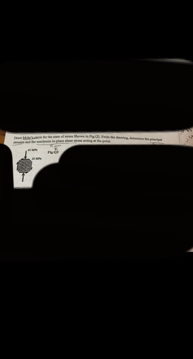 Vebris cincle for the state of stress Shown in Fig.Q2. From the drawing, determine the principal
stresses and the maximum in-plane shear stress acting at the point.
45 MP
Fig.Q2
25 MPa
