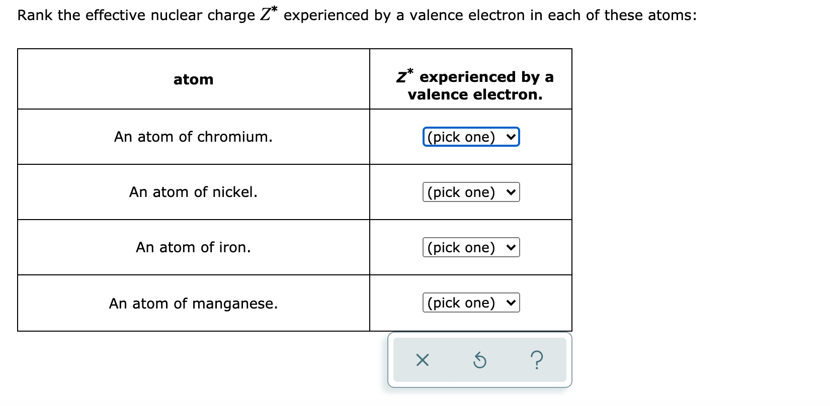 Rank the effective nuclear charge Z* experienced by a valence electron in each of these atoms:
atom
z* experienced by a
valence electron.
An atom of chromium.
(pick one)
An atom of nickel.
(pick one) v
An atom of iron.
|(pick one)
An atom of manganese.
(pick one) v
