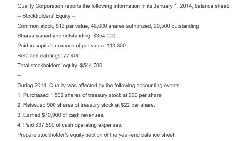 Quality Corporation reports the following information in its January 1, 2014, balance sheet:
-- Stockholders' Equity --
Common stock, $12 par value, 48,000 shares authorized, 29,500 outstanding
Shares issued and outstanding: $354,000
Paid-in capital in excess of par value: 113,300
Retained earnings: 77,400
Total stockholders' equity: $544,700
During 2014, Quality was affected by the following accounting events:
1. Purchased 1,500 shares of treasury stock at $20 per share.
2. Reissued 900 shares of treasury stock at $22 per share.
3. Earned $70,900 of cash revenues.
4. Paid $37,850 of cash operating expenses.
Prepare stockholder's equity section of the year-end balance sheet.