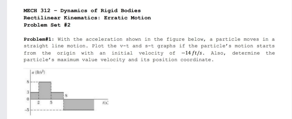 MECH 312 - Dynamics of Rigid Bodies
Rectilinear Kinematics: Erratic Motion
Problem Set #2
Problem#1: With the acceleration shown in the figure below, a particle moves in a
straight line motion. Plot the v-t and s-t graphs if the particle’s motion starts
velocity of -14 ft/s. Also,
particle's maximum value velocity and its position coordinate.
from
the
origin
with
initial
determine
the
an
|a (f/s²)
3
t(s
