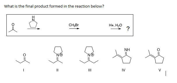 What is the final product formed in the reaction below?
H+, H20
?
CH;Br
NH
II
II
IV
