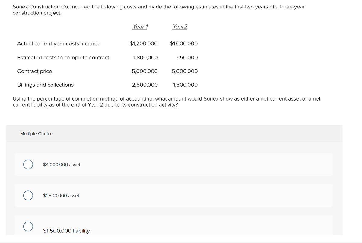 Sonex Construction Co. incurred the following costs and made the following estimates in the first two years of a three-year
construction project.
Year 1
Year2
Actual current year costs incurred
$1,200,000
$1,000,000
Estimated costs to complete contract
1,800,000
550,000
Contract price
5,000,000
5,000,000
Billings and collections
2,500,000
1,500,000
Using the percentage of completion method of accounting, what amount would Sonex show as either a net current asset or a net
current liability as of the end of Year 2 due to its construction activity?
Multiple Choice
$4,000,000 asset
О
$1,800,000 asset
О
$1,500,000 liability.