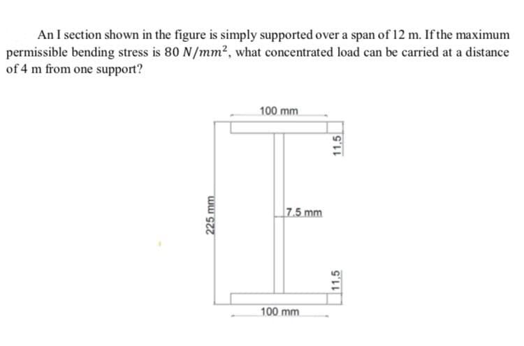 An I section shown in the figure is simply supported over a span of 12 m. If the maximum
permissible bending stress is 80 N/mm², what concentrated load can be carried at a distance
of 4 m from one support?
225 mm
100 mm
7.5 mm
11,5
100 mm
11,5