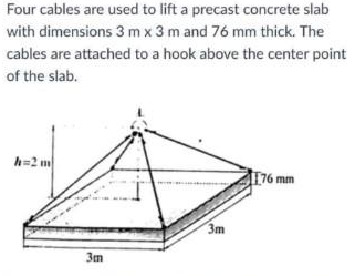 Four cables are used to lift a precast concrete slab
with dimensions 3 m x 3 m and 76 mm thick. The
cables are attached to a hook above the center point
of the slab.
h=2 m
F76 mm
3m
3m
