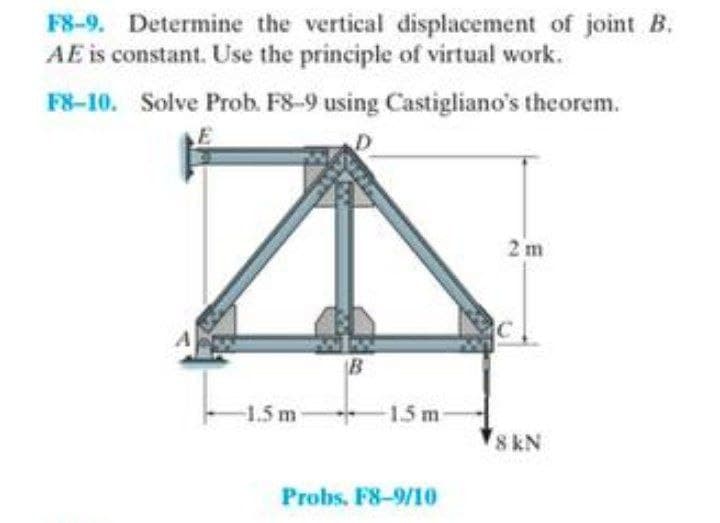 F8-9. Determine the vertical displacement of joint B.
AE is constant. Use the principle of virtual work.
F8-10. Solve Prob. F8-9 using Castigliano's theorem.
-1.5 m
B
-1.5 m-
Probs, F8-9/10
2 m
8 kN