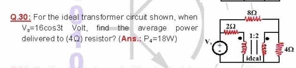 80
Q.30: For the ideal transformer circuit shown, when
V=16cos3t Volt, find the
delivered to (4Q) resistor? (Ans.: P4=18W)
average
212
www
power
1:2
42
idcal
