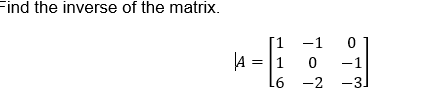 Find the inverse of the matrix.
-1
0
A
1
0
-1
16-2
-3]