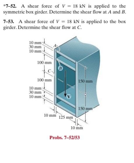 *7-52. A shear force of V = 18 kN is applied to the
symmetric box girder. Determine the shear flow at A and B.
7-53. A shear force of V = 18 kN is applied to the box
girder. Determine the shear flow at C.
10 mm
30 mm
10 mm;
100 mm
to
B
100 mm
150 mm
10 mm;
10 mm:
150 mm
10 mm 125 mm
10 mm
Probs. 7-52/53
