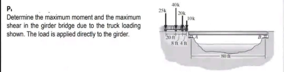 P₁
Determine the maximum moment and the maximum
shear in the girder bridge due to the truck loading
shown. The load is applied directly to the girder.
25k
40k
20 ft
20k
8 ft 4 ft
10k
80 ft-