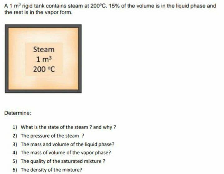 A 1 m rigid tank contains steam at 200°C. 15% of the volume is in the liquid phase and
the rest is in the vapor form.
Steam
1 m3
200 °C
Determine:
1) What is the state of the steam ? and why ?
2) The pressure of the steam ?
3) The mass and volume of the liquid phase?
4) The mass of volume of the vapor phase?
5) The quality of the saturated mixture ?
6) The density of the mixture?
