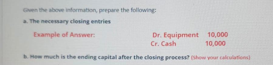 Given the above information, prepare the following:
a. The necessary closing entries
Dr. Equipment 10,000
10,000
Example of Answer:
Cr. Cash
b. How much is the ending capital after the closing process? (Show your calculations)
