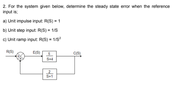 2. For the system given below, determine the steady state error when the reference
input is;
a) Unit impulse input: R(S) = 1
b) Unit step input: R(S) = 1/S
c) Unit ramp input: R(S) = 1/S²
R(S)
E(S) 5
S+4
2
S+1
C(S)