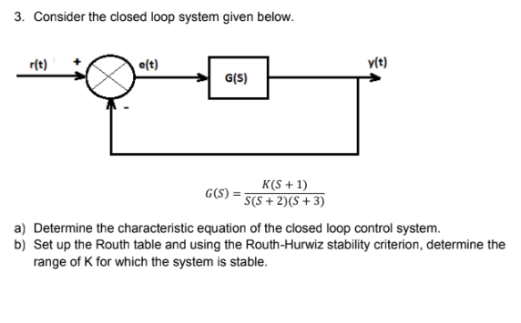 3. Consider the closed loop system given below.
r(t)
e(t)
G(S)
G(S) =
K(S + 1)
S(S+ 2)(S+ 3)
y(t)
a) Determine the characteristic equation of the closed loop control system.
b) Set up the Routh table and using the Routh-Hurwiz stability criterion, determine the
range of K for which the system is stable.