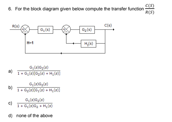 6. For the block diagram given below compute the transfer function
R(S)
a)
b)
H=1
c)
G₁ (s)
G₁(s) G₂ (s)
1 + G₁(s)[G₂(s) + H₁ (s)]
G₁(s) G₂ (s)
1 + G₂(s)[G₁(s) + H₂(s)]
G₁(s) G₂ (s)
1 + G₁(s)G₂ + H₁ (s)
d) none of the above
G₂ (s)
H₂(s)
C(s)
C(S)
R(S)