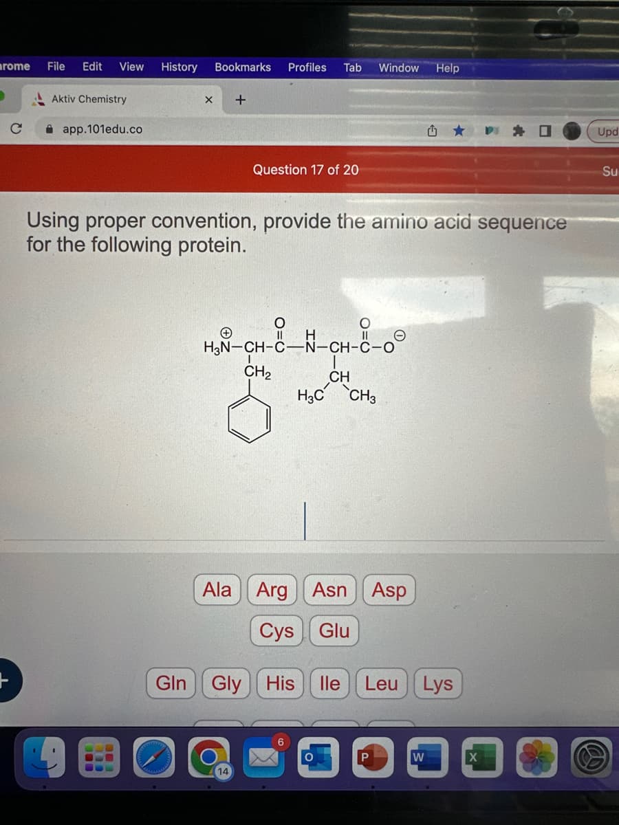 arome
File Edit View History Bookmarks Profiles Tab
Aktiv Chemistry
app.101edu.co
+
Gln
Question 17 of 20
Using proper convention, provide the amino acid sequence
for the following protein.
||
_N-CH-8
H3N-CH-C-N-CH-C-O
CH₂
Window
_CH
H3C CH3
Ala Arg Asn Asp
Cys Glu
Gly His lle
P
Help
★ D
Leu Lys
W
Upd
Su