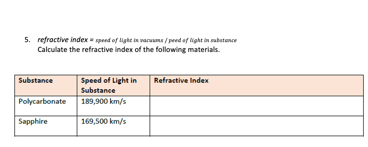 5. refractive index = speed of light in vacuums / peed of light in substance
Calculate the refractive index of the following materials.
Substance
Speed of Light in
Refractive Index
Substance
Polycarbonate
189,900 km/s
Sapphire
169,500 km/s