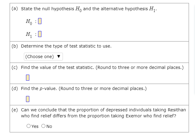 (a) State the null hypothesis H, and the alternative hypothesis H,.
Ho
H :0
|(b) Determine the type of test statistic to use.
(Choose one)
(c) Find the value of the test statistic. (Round to three or more decimal places.)
|(d) Find the p-value. (Round to three or more decimal places.)
(e) Can we conclude that the proportion of depressed individuals taking Resithan
who find relief differs from the proportion taking Exemor who find relief?
OYes ONo
