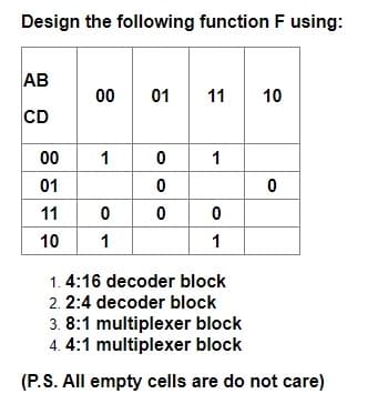 Design the following function F using:
AB
00
01
11
10
CD
00
1
1
01
11
10
1
1
1. 4:16 decoder block
2. 2:4 decoder block
3. 8:1 multiplexer block
4. 4:1 multiplexer block
(P.S. All empty cells are do not care)
