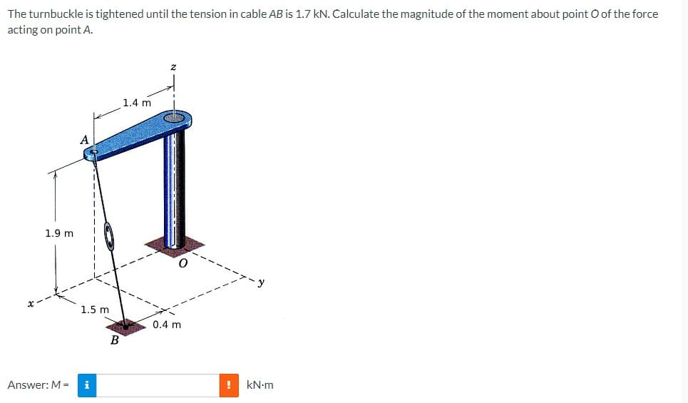 The turnbuckle is tightened until the tension in cable AB is 1.7 kN. Calculate the magnitude of the moment about point O of the force
acting on point A.
1.9 m
A
1.4 m
2
1.5 m
B
0.4 m
Answer: M =
i
KN-m