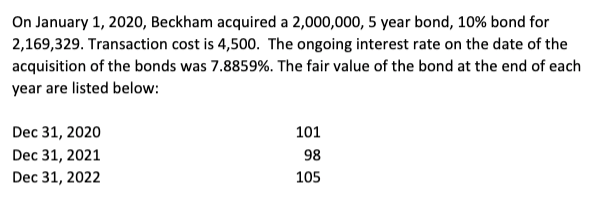 On January 1, 2020, Beckham acquired a 2,000,000, 5 year bond, 10% bond for
2,169,329. Transaction cost is 4,500. The ongoing interest rate on the date of the
acquisition of the bonds was 7.8859%. The fair value of the bond at the end of each
year are listed below:
Dec 31, 2020
Dec 31, 2021
Dec 31, 2022
101
98
105