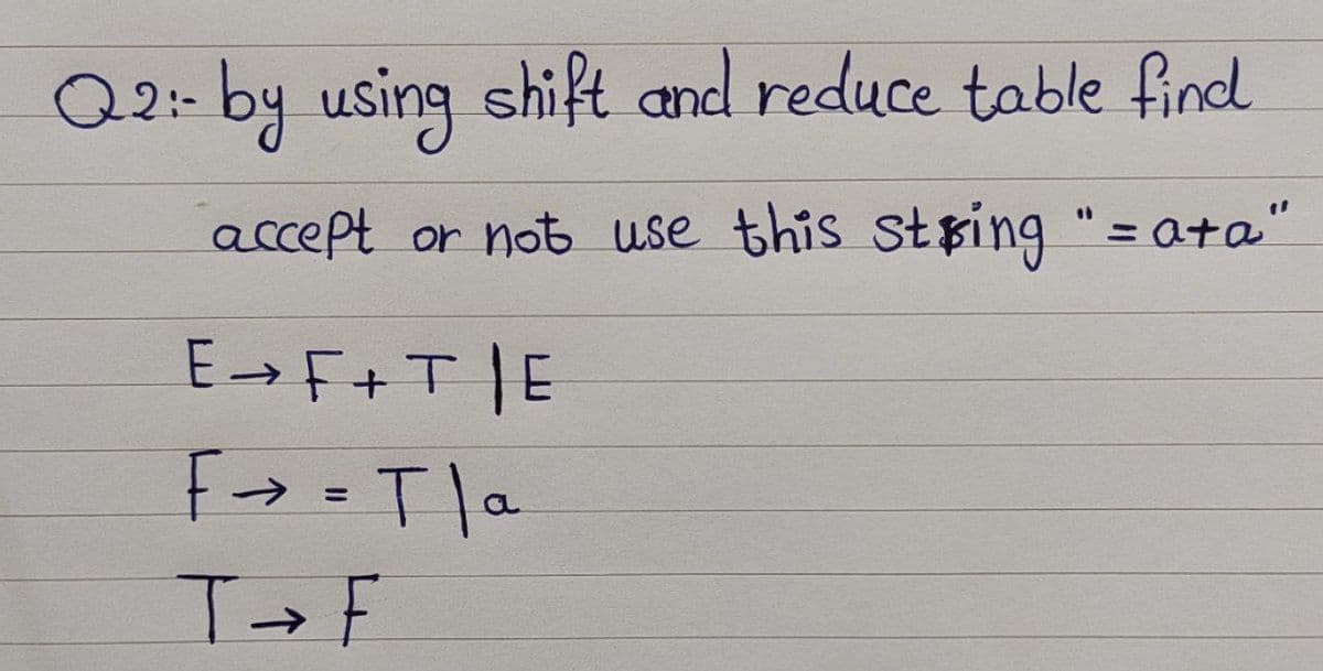 Q2:- by using shift and reduce table find
accept or not use this string "=a+a"
E→F+TE
F→ = T | a
T → F