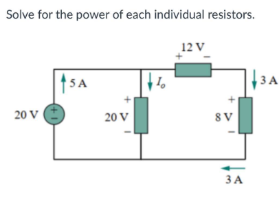 Solve for the power of each individual resistors.
12 V
5 A
Io
20 V
(+1)
20 V
8 V
3 A
3 A