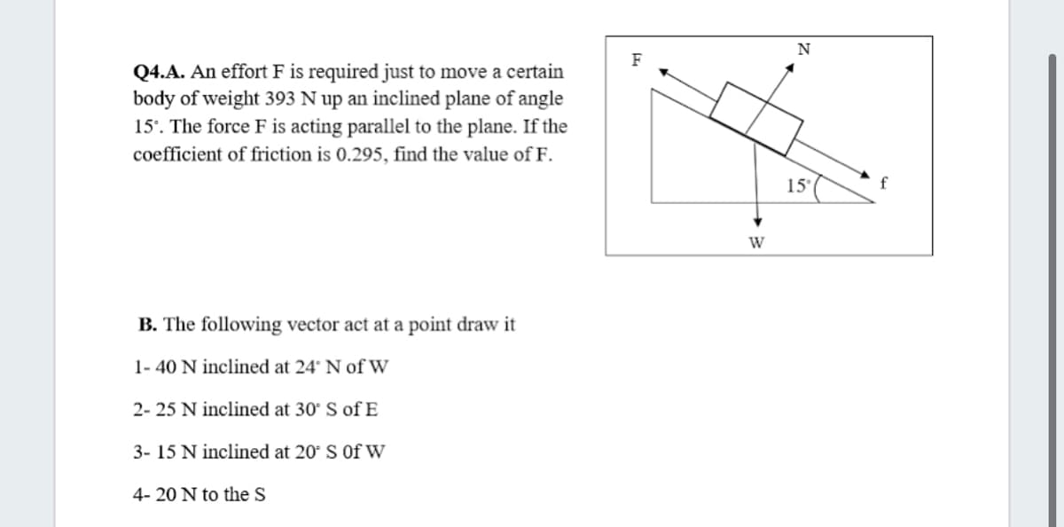F
Q4.A. An effort F is required just to move a certain
body of weight 393 N up an inclined plane of angle
15'. The force F is acting parallel to the plane. If the
coefficient of friction is 0.295, find the value of F.
15
W
B. The following vector act at a point draw it
1- 40 N inclined at 24' N of W
2- 25 N inclined at 30 S of E
3- 15 N inclined at 20° S Of W
4- 20 N to the S
