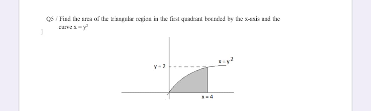 Q5 / Find the area of the triangular region in the first quadrant bounded by the x-axis and the
curve x = y²
y = 2
x = y2
X = 4
