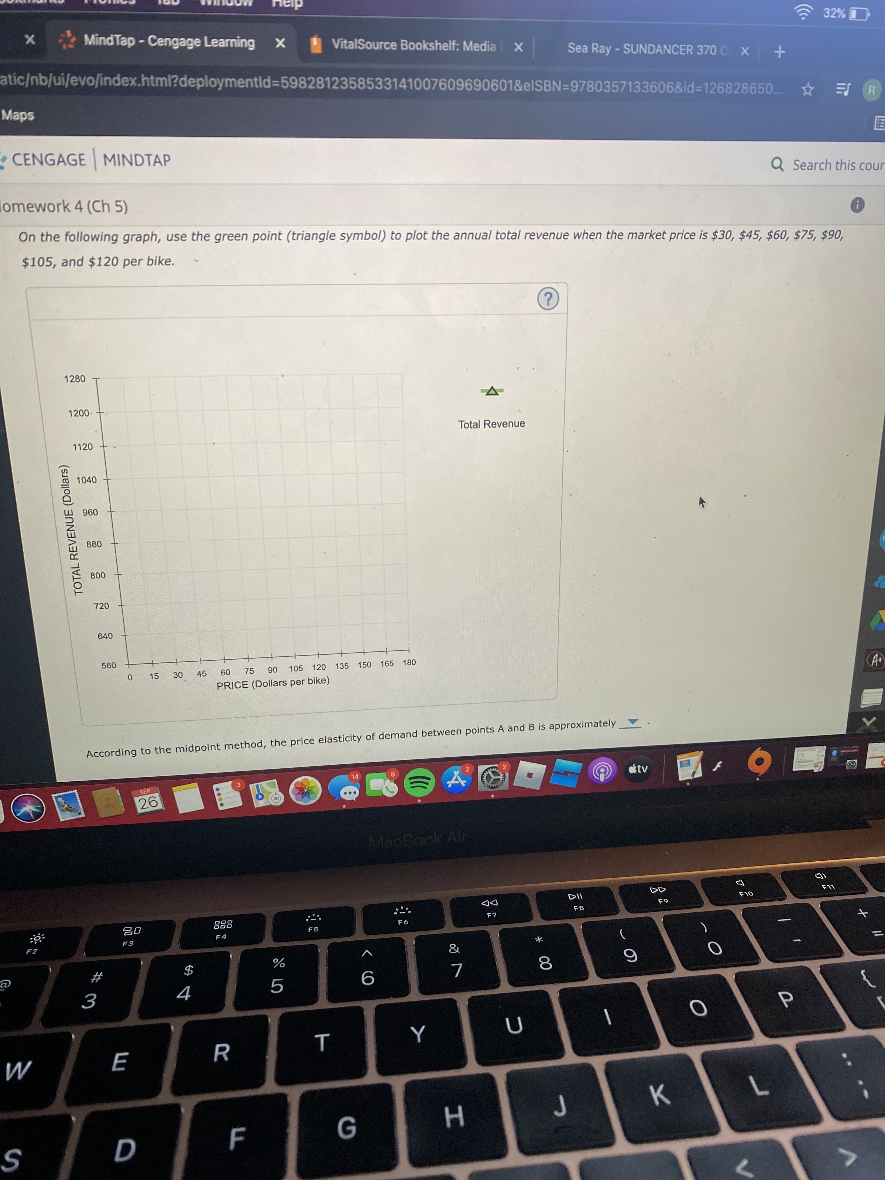 On the following graph, use the green point (triangle symbol) to plot the annual total revenue when the market price is $30, $45, $60, $75, $90,
$105, and $120 per bike.
1280
1200-
Total Revenue
1120
1040
960
880
800
720
640
560
15
30
45
60
75
90
105
120
135 150 165 180
PRICE (Dollars per bike)
TOTAL REVENUE (Dollars)
