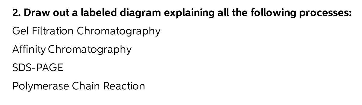 2. Draw out a labeled diagram explaining all the following processes:
Gel Filtration Chromatography
Affinity Chromatography
SDS-PAGE
Polymerase Chain Reaction
