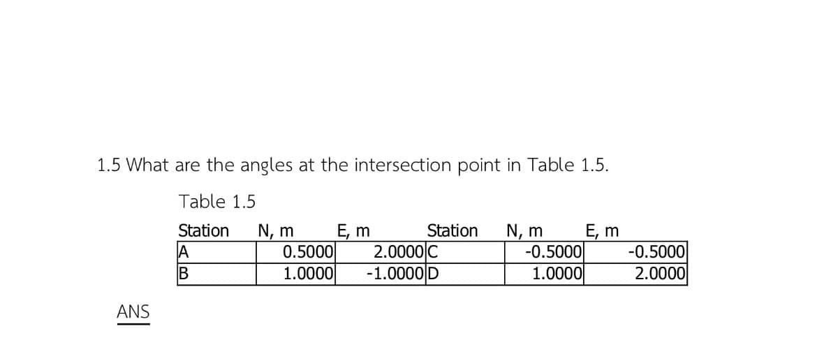 1.5 What are the angles at the intersection point in Table 1.5.
Table 1.5
Station
A
IB
ANS
N, m
0.5000
1.0000
E, m
Station
2.0000 C
-1.0000 D
N, m
-0.5000
1.0000
E, m
-0.5000
2.0000