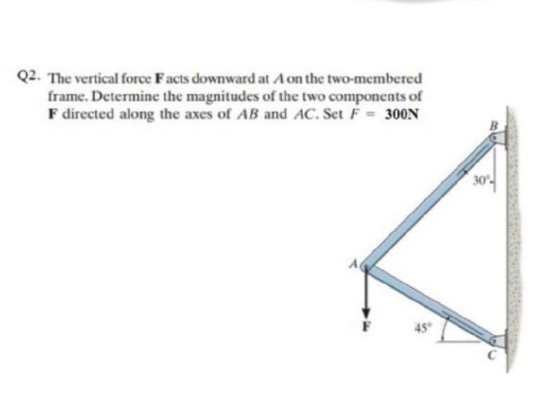 Q2. The vertical force Facts downward at A on the two-membered
frame. Determine the magnitudes of the two components of
F directed along the axes of AB and AC. Set F 300N
30
45
