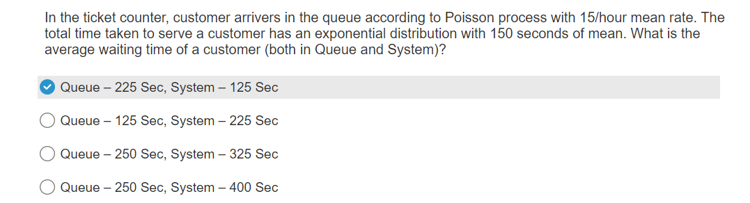 In the ticket counter, customer arrivers in the queue according to Poisson process with 15/hour mean rate. The
total time taken to serve a customer has an exponential distribution with 150 seconds of mean. What is the
average waiting time of a customer (both in Queue and System)?
✓ Queue - 225 Sec, System - 125 Sec
Queue - 125 Sec, System - 225 Sec
Queue - 250 Sec, System - 325 Sec
Queue - 250 Sec, System - 400 Sec