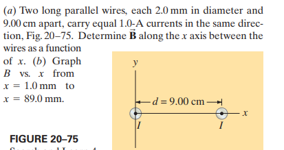 (a) Two long parallel wires, each 2.0 mm in diameter and
9.00 cm apart, carry equal 1.0-A currents in the same direc-
tion, Fig. 20-75. Determine B along the x axis between the
wires as a function
of x. (b) Graph
B vs. x from
x = 1.0 mm to
x = 89.0 mm.
y
-d = 9.00 cm –
I
FIGURE 20–75
