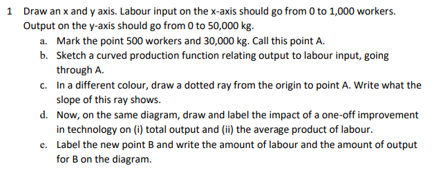 1 Draw an x and y axis. Labour input on the x-axis should go from 0 to 1,000 workers.
Output on the y-axis should go from 0 to 50,000 kg.
a. Mark the point 500 workers and 30,000 kg. Call this point A.
b. Sketch a curved production function relating output to labour input, going
through A.
c.
In a different colour, draw a dotted ray from the origin to point A. Write what the
slope of this ray shows.
d.
Now, on the same diagram, draw and label the impact of a one-off improvement
in technology on (i) total output and (ii) the average product of labour.
e. Label the new point B and write the amount of labour and the amount of output
for B on the diagram.