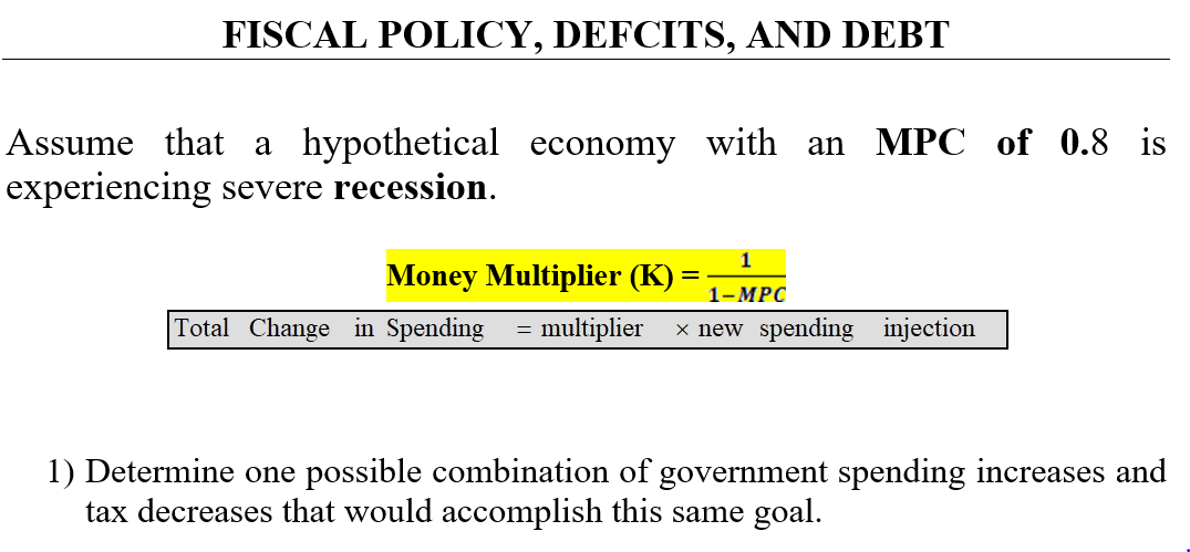 FISCAL POLICY, DEFCITS, AND DEBT
Assume that a hypothetical economy with an MPC of 0.8 is
experiencing severe recession.
Money Multiplier (K) :
=
Total Change in Spending
1
1-MPC
multiplier × new spending injection
=
1) Determine one possible combination of government spending increases and
tax decreases that would accomplish this same goal.