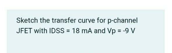 Sketch the transfer curve for p-channel
JFET with IDSS 18 mA and Vp = -9 V
