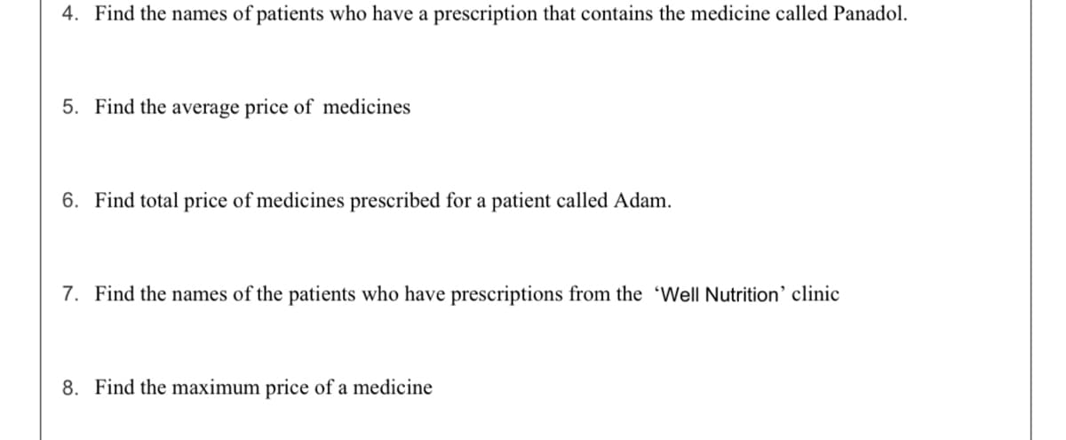 4. Find the names of patients who have a prescription that contains the medicine called Panadol.
5. Find the average price of medicines
6. Find total price of medicines prescribed for a patient called Adam.
7. Find the names of the patients who have prescriptions from the 'Well Nutrition' clinic
8. Find the maximum price of a medicine
