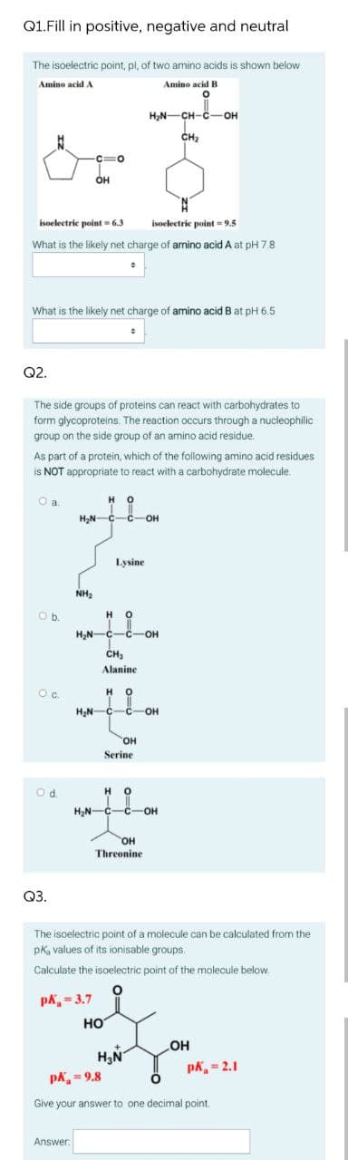 Q1.Fill in positive, negative and neutral
The isoelectric point, pl, of two amino acids is shown below
Amino acid A
Amino acid B
H,N-CH-C -OH
он
CH,
OH
isoelectric point = 6.3
isoelectric point = 9.5
What is the likely net charge of amino acid A at pH 7.8
What is the likely net charge of amino acid B at pH 6.5
Q2.
The side groups of proteins can react with carbohydrates to
form glycoproteins. The reaction occurs through a nucleophilic
group on the side group of an amino acid residue.
As part of a protein, which of the following amino acid residues
is NOT appropriate to react with a carbohydrate molecule.
H O
HạN-C-C-OH
Lysine
NH2
Ob.
H O
HN-C
-C
HO-
CH3
Alanine
Oc.
H
H,N-C-C-OH
но.
Serine
Od.
H,N-C-C-OH
он
Threonine
Q3.
The isoelectric point of a molecule can be calculated from the
pk, values of its ionisable groups.
Calculate the isoelectric point of the molecule below.
pk, = 3.7
HO
OH
pk, = 2.1
pk, = 9.8
Give your answer to one decimal point.
Answer.
