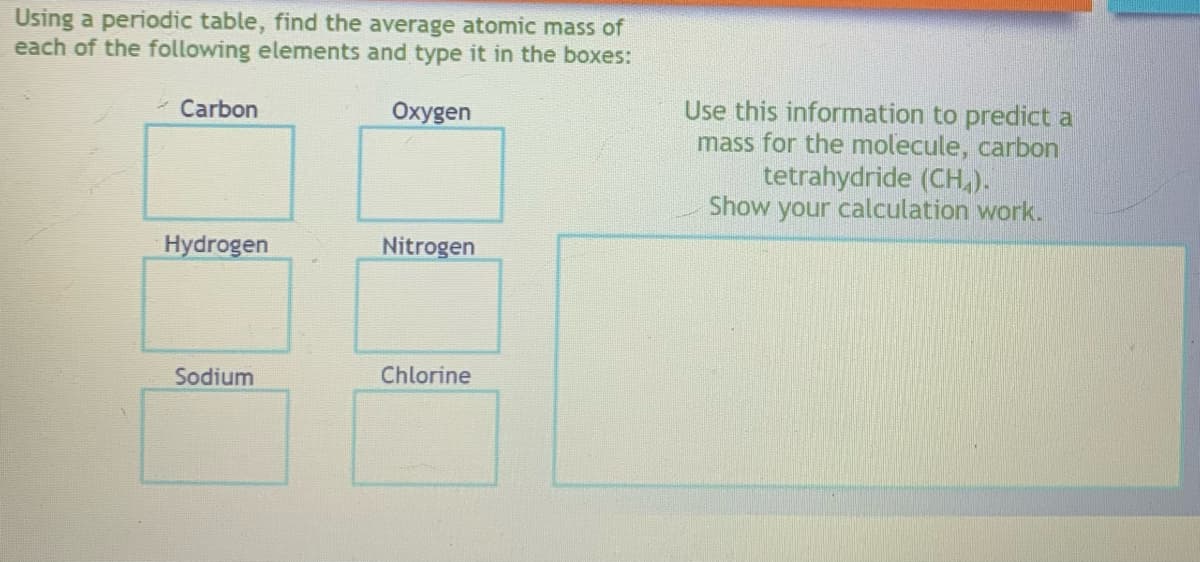 Using a periodic table, find the average atomic mass of
each of the following elements and type it in the boxes:
Oxygen
✓ Carbon
Hydrogen
Sodium
Nitrogen
Chlorine
Use this information to predict a
mass for the molecule, carbon
tetrahydride (CH₂).
Show your calculation work.