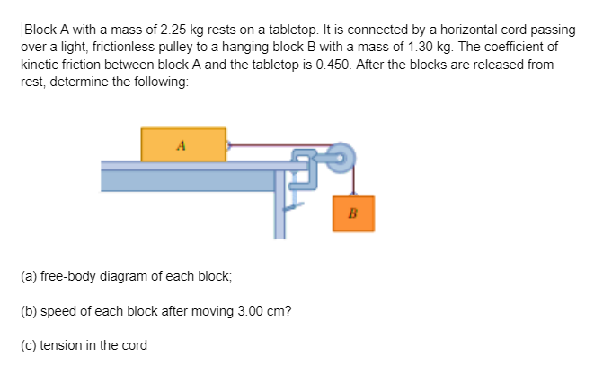 Block A with a mass of 2.25 kg rests on a tabletop. It is connected by a horizontal cord passing
over a light, frictionless pulley to a hanging block B with a mass of 1.30 kg. The coefficient of
kinetic friction between block A and the tabletop is 0.450. After the blocks are released from
rest, determine the following:
A
B
(a) free-body diagram of each block;
(b) speed of each block after moving 3.00 cm?
(c) tension in the cord
