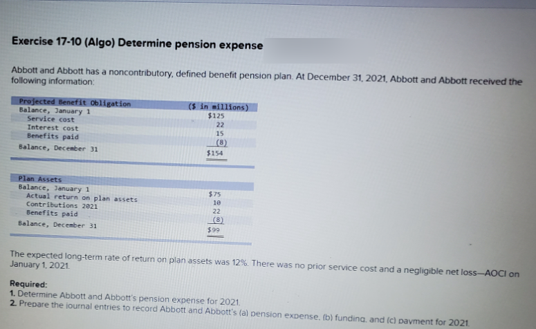 Exercise 17-10 (Algo) Determine pension expense
Abbott and Abbott has a noncontributory, defined benefit pension plan. At December 31, 2021, Abbott and Abbott received the
following information:
Projected Benefit Obligation
Balance, January 1
Service cost
($ in millions)
$125
22
Interest cost
Benefits paid
15
(8)
Balance, December 31
$154
Plan Assets
Balance, January 1
Actual return on plan assets
Contributions 2021
Benefits paid
Balance, December 31
$75
10
22
(8)
$99
The expected long-term rate of return on plan assets was 12%. There was no prior service cost and a negligible net loss-AOCI on
January 1, 2021.
Required:
1. Determine Abbott and Abbott's pension expense for 2021.
2 Prepare the journal entries to record Abbott and Abbott's (a) pension expense, (b) fundina, and (c) pavment for 2021.
