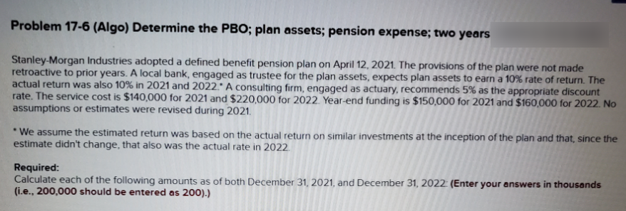 Problem 17-6 (Algo) Determine the PBO; plan assets; pension expense; two years
Stanley-Morgan Industries adopted a defined benefit pension plan on April 12, 2021. The provisions of the plan were not made
retroactive to prior years. A local bank, engaged as trustee for the plan assets, expects plan assets to earn a 10% rate of return. The
actual return was also 10% in 2021 and 2022.* A consulting firm, engaged as actuary, recommends 5% as the appropriate discount
rate. The service cost is $140,000 for 2021 and $220,000 for 2022. Year-end funding is $150,000 for 2021 and $160,000 for 2022. No
assumptions or estimates were revised during 2021.
* We assume the estimated return was based on the actual return on similar investments at the inception of the plan and that, since the
estimate didn't change, that also was the actual rate in 2022.
Required:
Calculate each of the following amounts as of both December 31, 2021, and December 31, 2022: (Enter your answers in thousands
(i.e., 200,000 should be entered as 200).)
