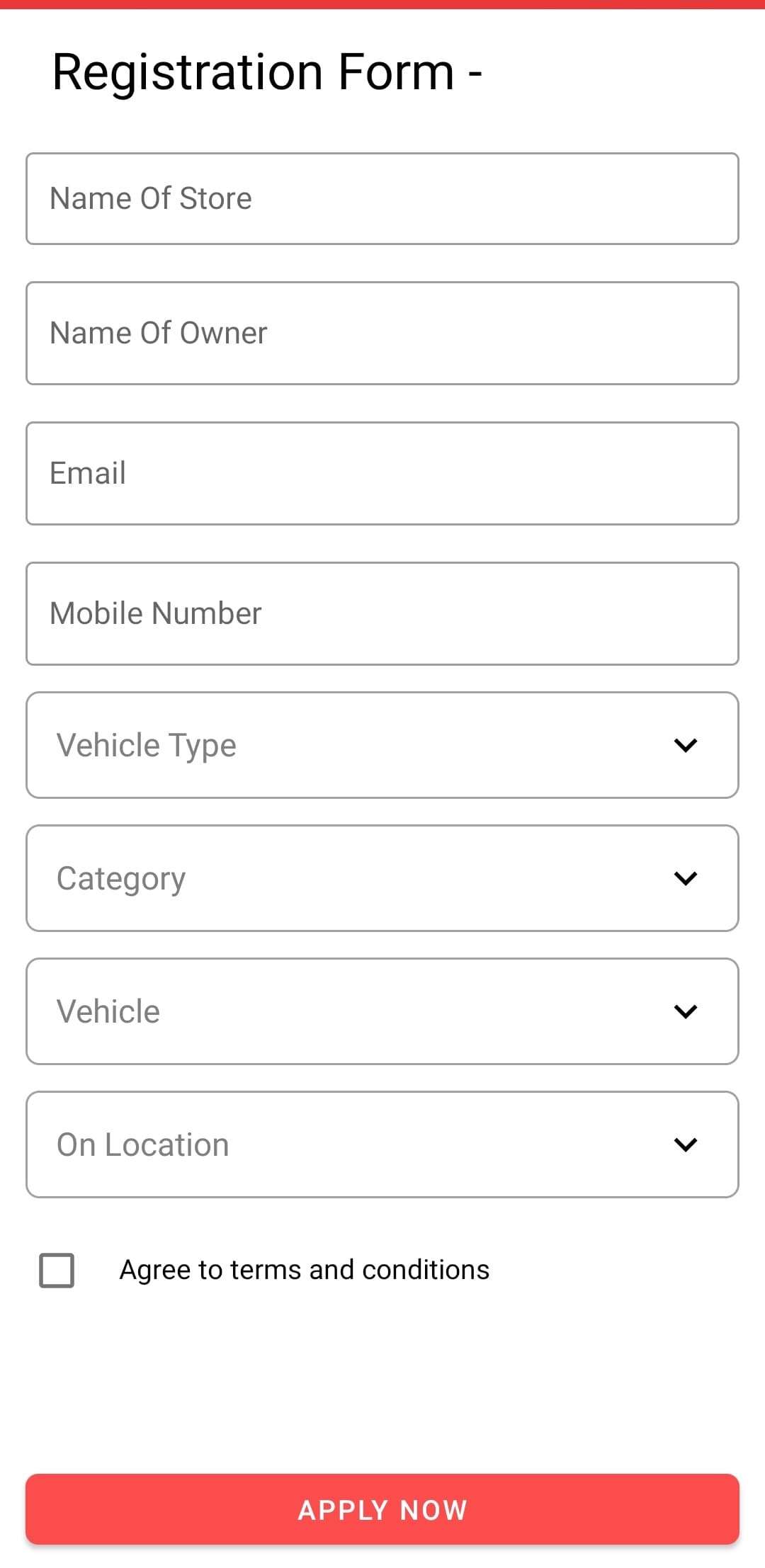 Registration Form -
Name Of Store
Name Of Owner
Email
Mobile Number
Vehicle Type
Category
Vehicle
On Location
Agree to terms and conditions
APPLY NOW
>
>
>
>
