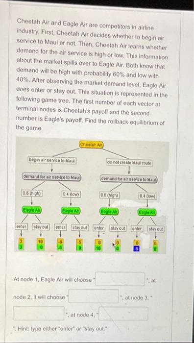 Cheetah Air and Eagle Air are competitors in airline
industry. First, Cheetah Air decides whether to begin air
service to Maui or not. Then, Cheetah Air learns whether
demand for the air service is high or low. This information
about the market spills over to Eagle Air. Both know that
demand will be high with probability 60% and low with
40%. After observing the market demand level, Eagle Air
does enter or stay out. This situation is represented in the
following game tree. The first number of each vector at
terminal nodes is Cheetah's payoff and the second
number is Eagle's payoff. Find the rollback equilibrium of
the game.
begin air service to Maul
demand for air service to Maul
0.5 (high)
Eagle Ab
(Cheetah Air
0.4 Dow)
Eagle Air
enter stay out enter stay out
At node 1, Eagle Air will choose
node 2, it will choose
at node 4,
do not create Maul route
demand for air service to Maut
0.6 (high)
(Eagle Air)
". Hint: type either "enter" or "stay out."
0.40)
enter stay out enter
Eagle Air
stay out
at node 3,
at
.