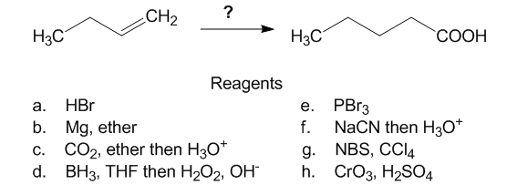 CH2
H3C
H3C
COOH
Reagents
e. PB13
NaCN then H3O*
g. NBS, CCI4
h. CrO3, H2SO4
а.
HBr
b. Mg, ether
CO2, ether then H30*
d. BHз, THF then Hz0z, ОH"
f.
