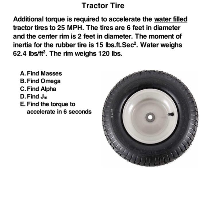 Tractor Tire
Additional torque is required to accelerate the water filled
tractor tires to 25 MPH. The tires are 6 feet in diameter
and the center rim is 2 feet in diameter. The moment of
inertia for the rubber tire is 15 lbs.ft.Sec². Water weighs
62.4 lbs/ft³. The rim weighs 120 lbs.
A. Find Masses
B. Find Omega
C. Find Alpha
D. Find Jm
E. Find the torque to
accelerate in 6 seconds