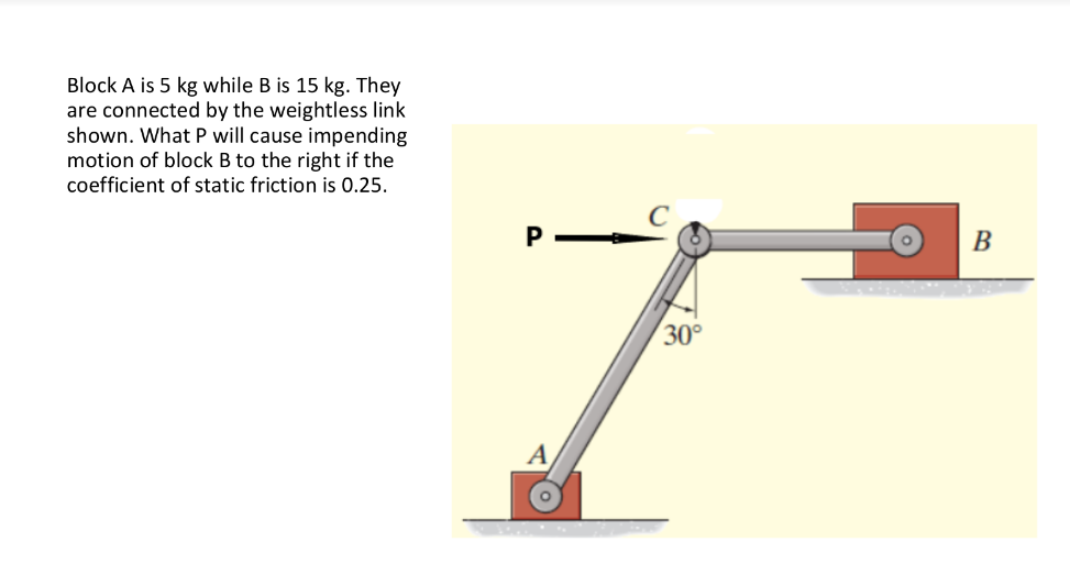 Block A is 5 kg while B is 15 kg. They
are connected by the weightless link
shown. What P will cause impending
motion of block B to the right if the
coefficient of static friction is 0.25.
B
30°
A
